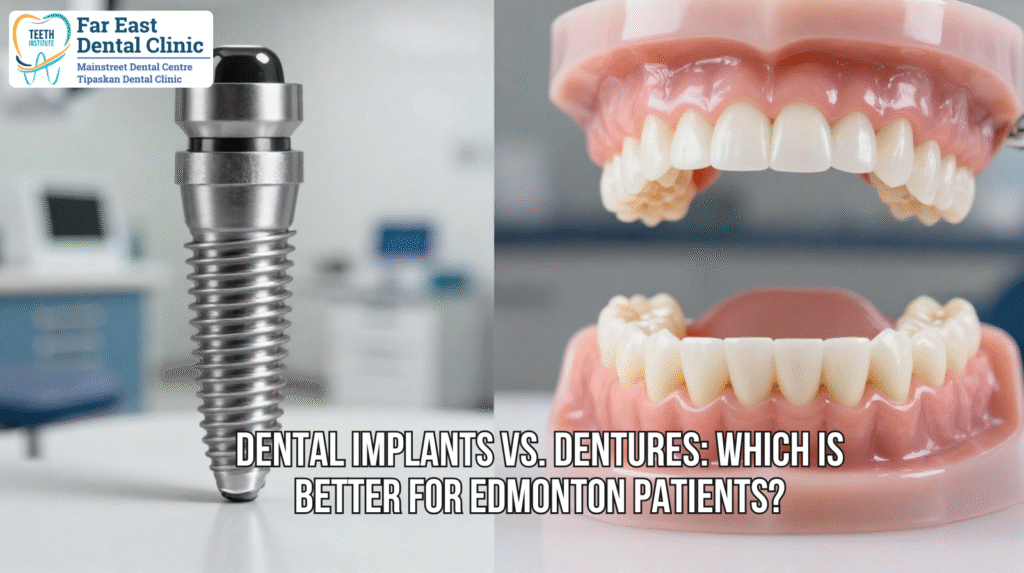 Patient consulting a cosmetic dentist in Edmonton about dental implants and dentures