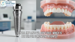 Patient consulting a cosmetic dentist in Edmonton about dental implants and dentures