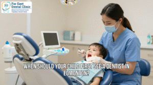 Child visiting a pediatric dentist near me Edmonton for first dental checkup