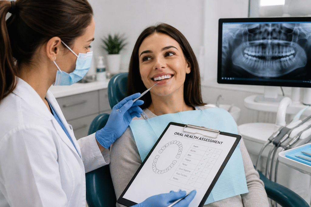 Oral health assessment in Edmonton with dentist examining patient